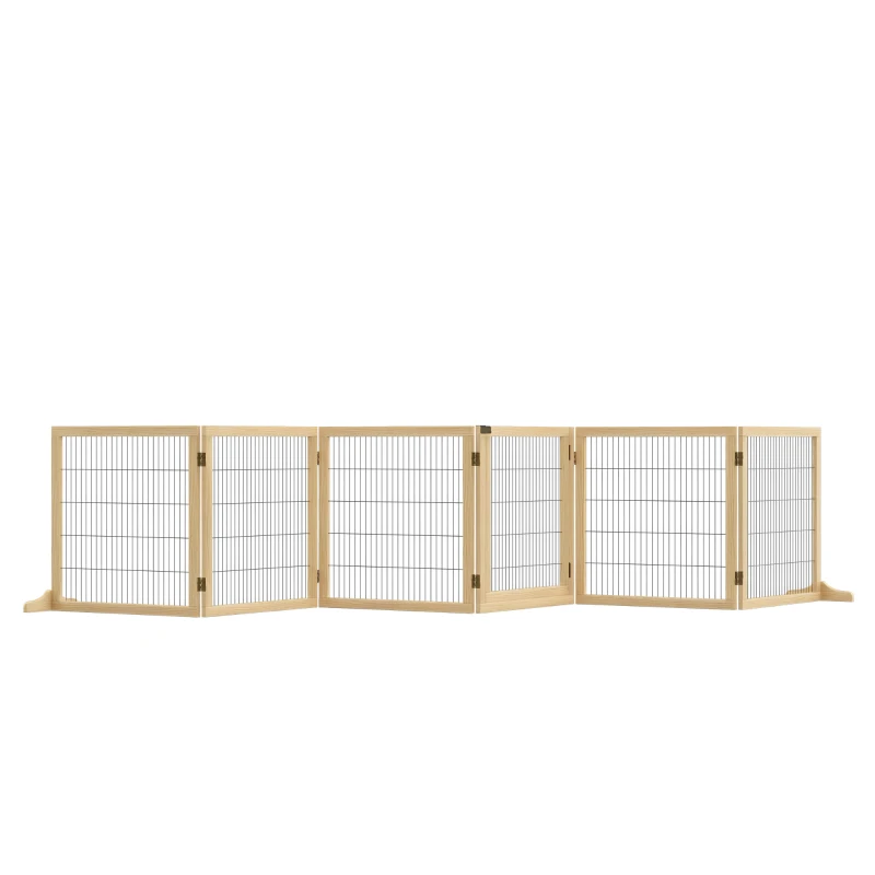 PawHut Wooden Pet Gate, Freestanding Dog Safety Barrier with Two Support Feet - Natural Tone