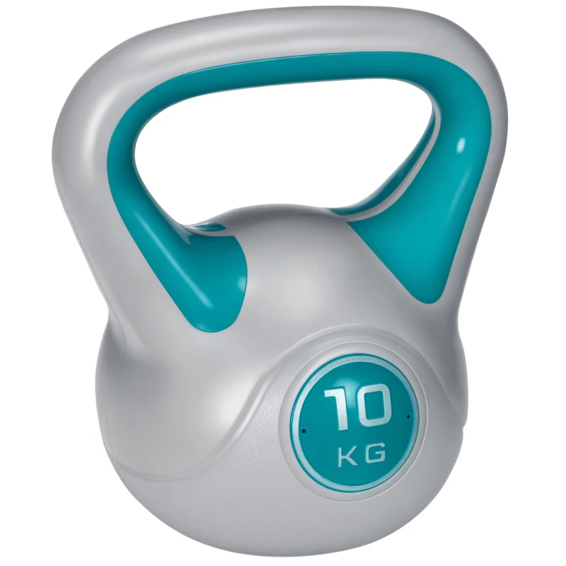 SPORTNOW Kugelhantel, Kettlebell, 10 kg, flache Unterseite, großer Griff, Kunstledermantel, blau, 22 x 16 x 26 cm