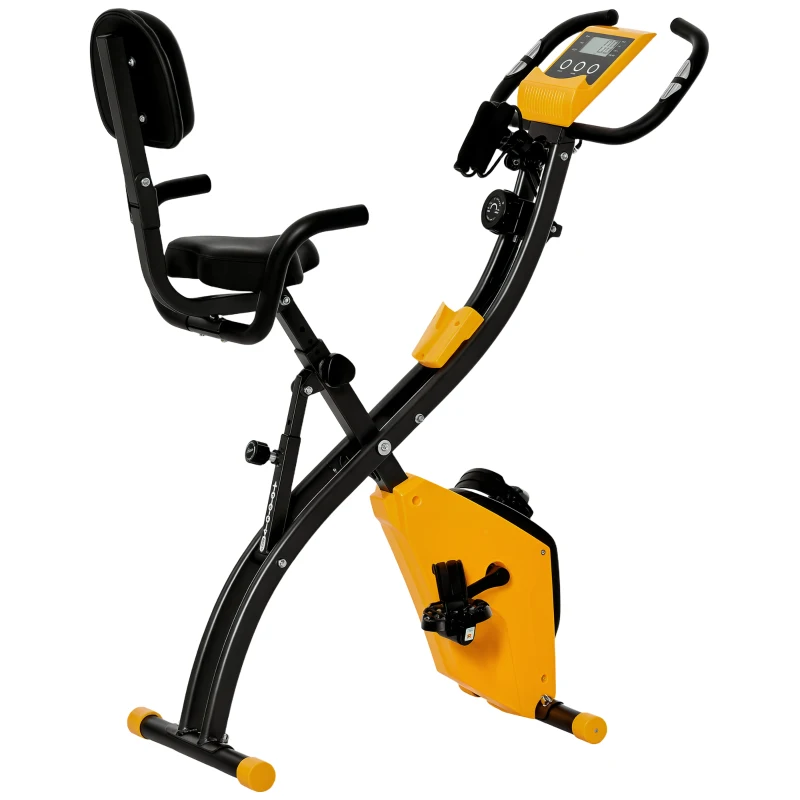 HOMCOM Vélo d'appartement pliable, vélo d'exercice, home traîner pour adultes, 8 niveaux de résistance magnétique, capteurs pouls main, écran LCD multifonction, selle réglable, acier, jaune, noir