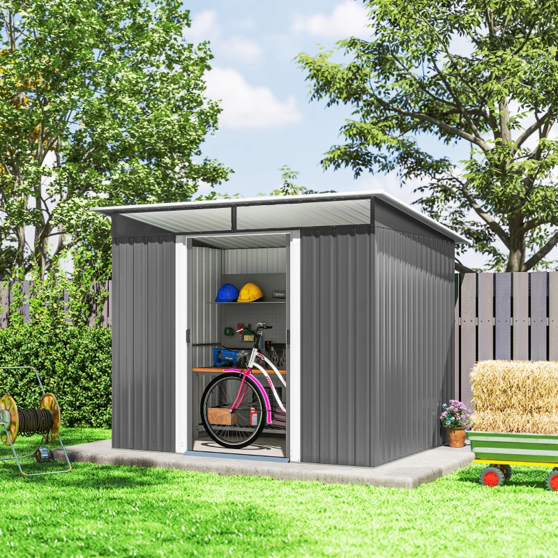 Outsunny Abrigo de Jardim 4,5 m² 260x194x200 cm Abrigo Exterior Metálico com 2 Portas Deslizantes para Armazenamento de Ferramentas Cinza