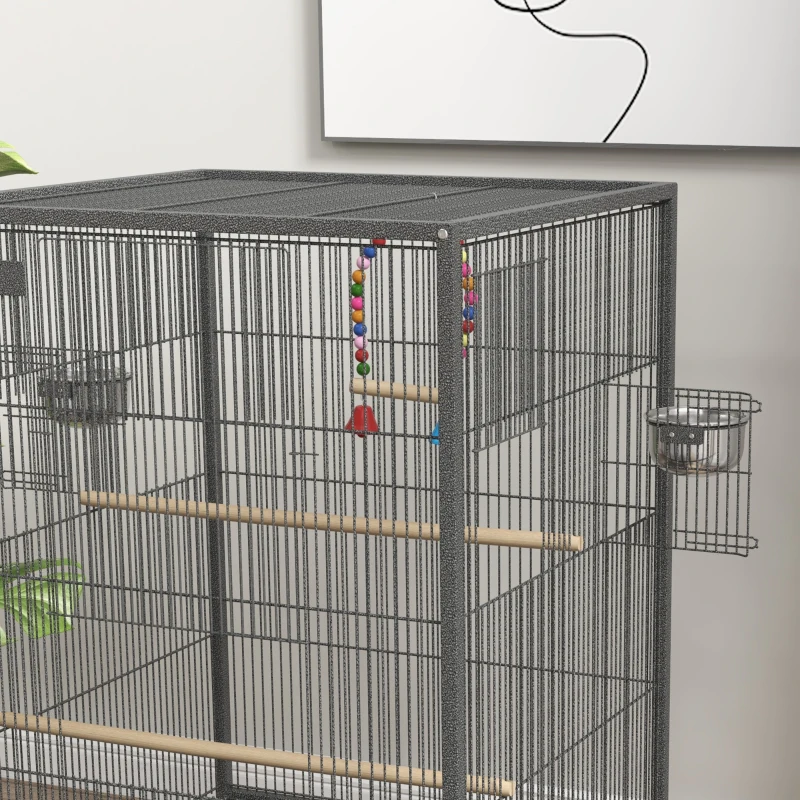 PawHut Cage oiseau sur pied cage sur roulettes avec balançoire, perchoirs et plateau coulissant 48 x 46 x 74 cm en acier noir