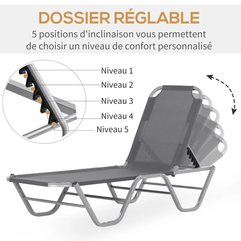 Outsunny Bain de Soleil transat Chaise Longue Design Contemporain Dossier inclinable Multi-Positions aluminium textilène dim. 163L x 58,5I x 91H cm Gris
