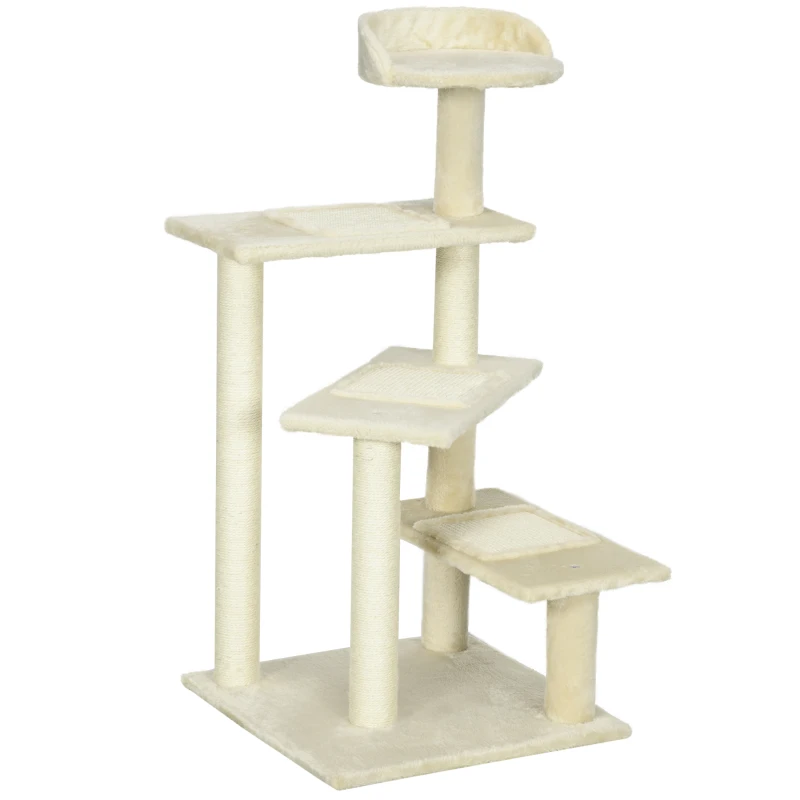 PawHut Árbol para Gato Rascador Grande 50x50x100 cm con Poste para Arañar Cama Plataformas con Manta de Sisal Terciopelo Beige