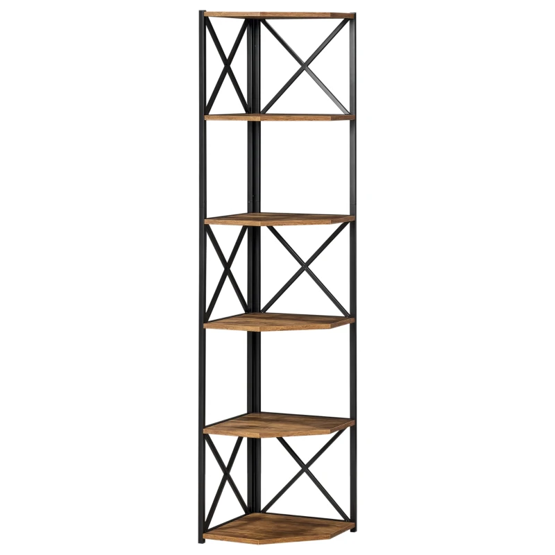 HOMCOM Libreria Angolare a Muro, Scaffale Stile Industriale in Legno e Metallo con 5 Ripiani, 39x39x175cm, Marrone Rustico