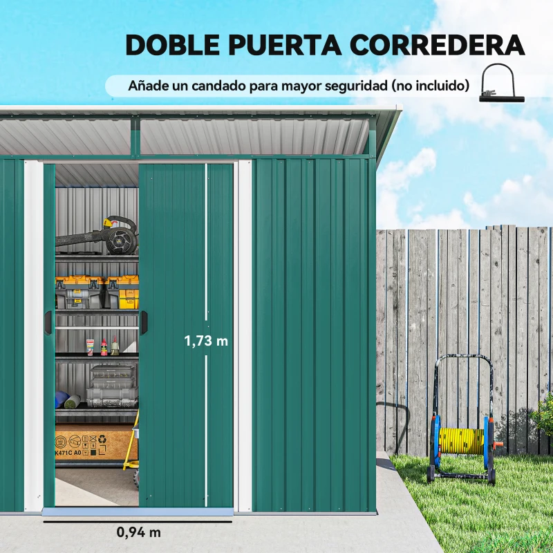 Outsunny Cobertizo de Jardín Exterior 4,5 m² 260x194x200 cm con Paneles Frontales Transparentes y 2 Puertas Corredizas Verde