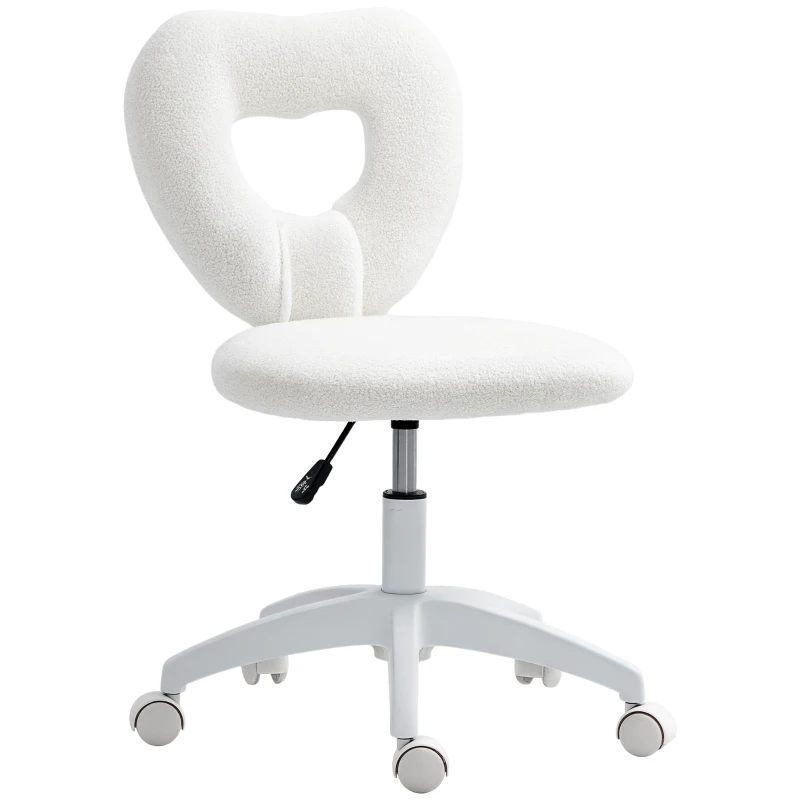 HOMCOM Sedia da Ufficio Imbottita con Schienale a Cuore e Rotelle, in Velluto Teddy e Plastica, 45x56x78-88 cm, Bianco