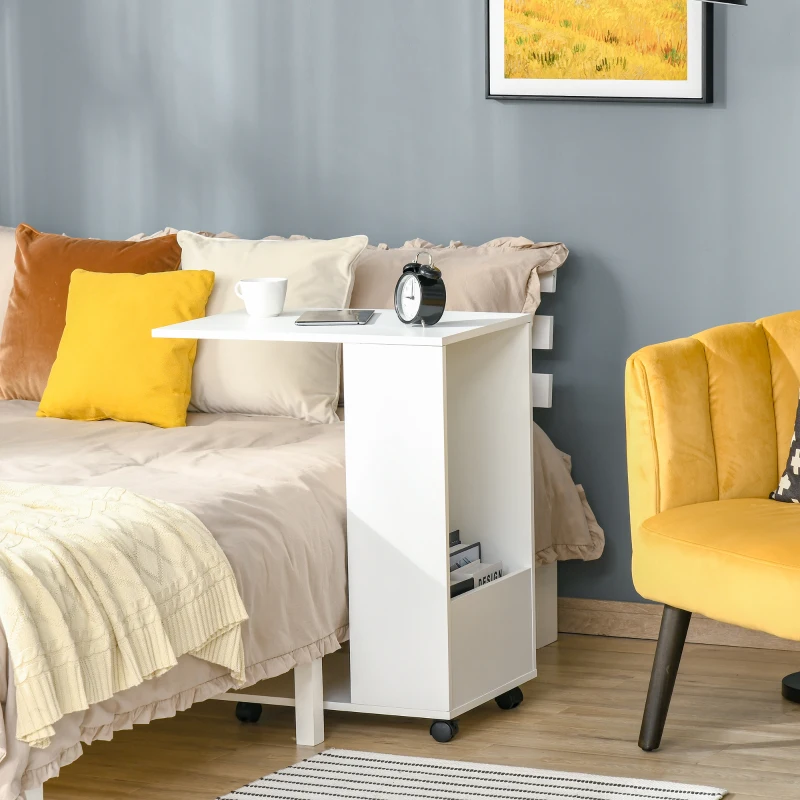 HOMCOM C-Shape Sofa Side Table with Wheels and Storage, Mobile End Table for Laptop, Coffee, Snack, White