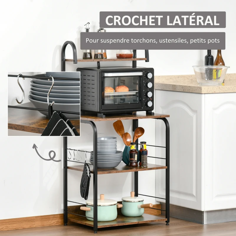 HOMCOM Étagère de cuisine, étagère micro-onde 3 étagères plateau crochets châssis acier 60 x 40 x 125 cm effet bois d'acajou