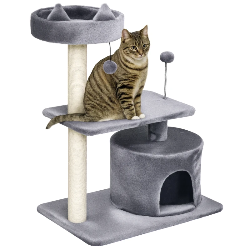 PawHut Arbre à chats griffoir sisal naturel centre d'activités niche plateformes jeu boule suspendue et à ressort gris