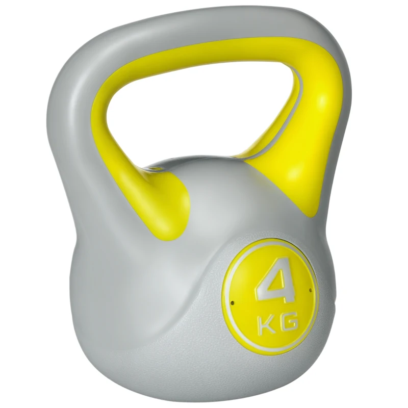 SPORTNOW Kettlebell 4kg in PU e Sabbia con Base Piatta e Impugnatura per Stacchi, Squat e Sollevamenti, 18x12x20 cm, Giallo