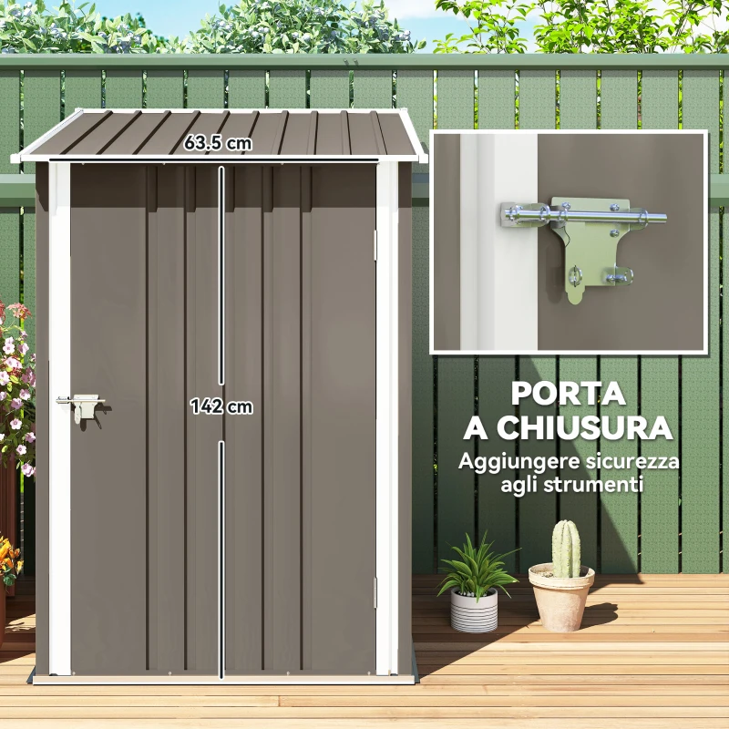 Outsunny Casetta Porta Attrezzi 0.92m² in Acciaio Zincato con Tetto Inclinato e Serratura, 100x103x160 cm, Marrone