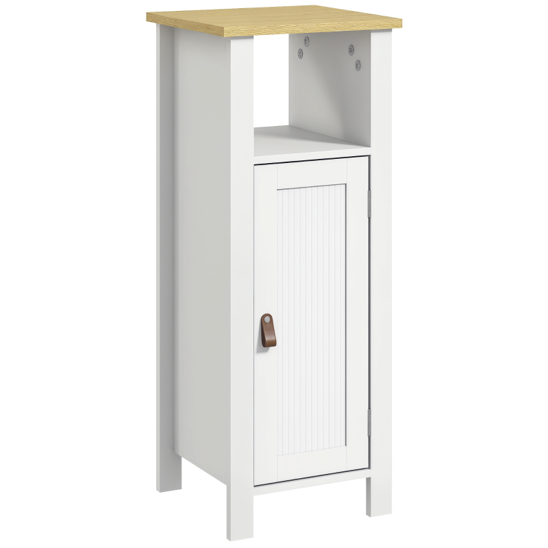 kleankin Meuble de salle de bain sur pied avec placard à 2 niveaux étagère réglable poignées en similicuir 32 x 30 x 80 cm blanc