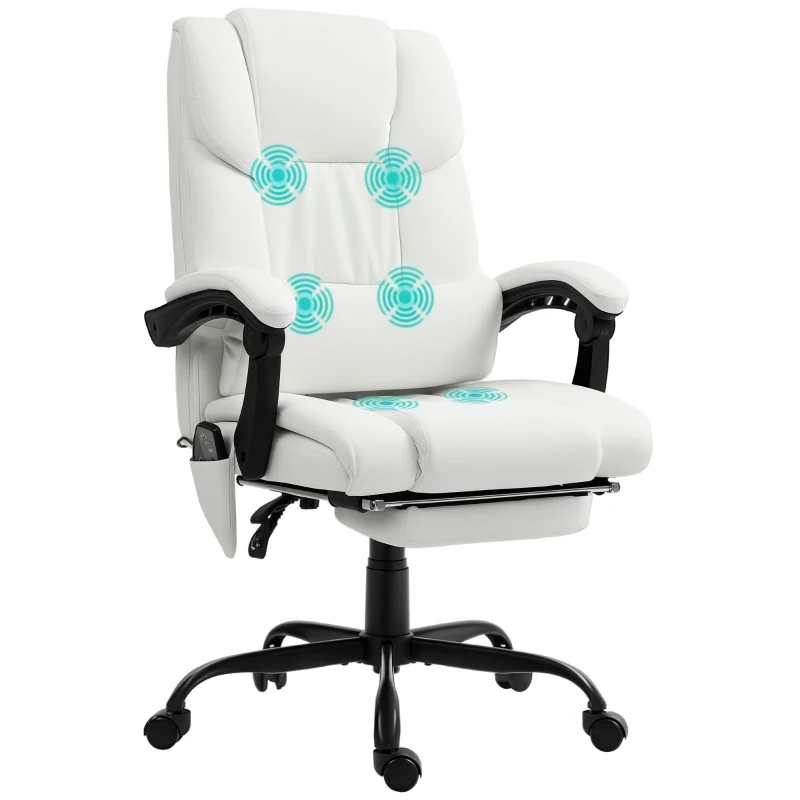 Vinsetto 6-Point Massage Office Chair, PU Leather Desk Chair with Adjustable Height and Footrest for Home Office, White