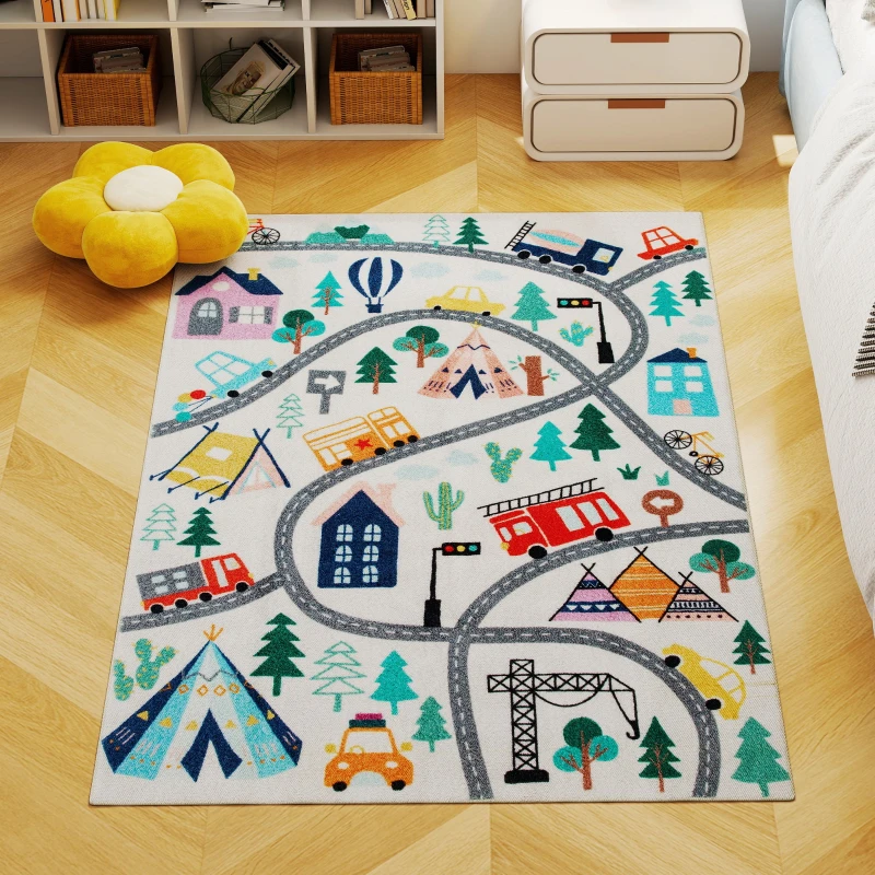 HOMCOM Alfombra con Patrón de Autopista, Fondo Blanco, Fleece Suave, Fácil de Limpiar, Multicolor