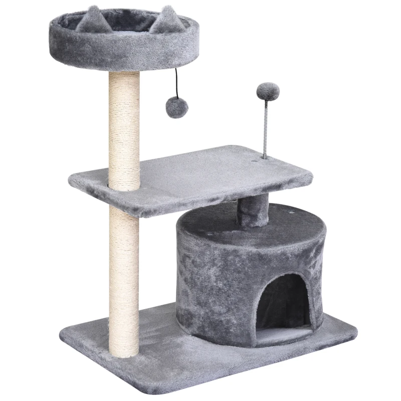 PawHut Arbre à chats griffoir sisal naturel centre d'activités niche plateformes jeu boule suspendue et à ressort gris