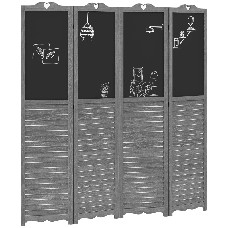HOMCOM Biombo Separador de Ambientes Plegable de 4 Paneles de Madera con Pizarras para Dormitorio 162x172 cm Gris