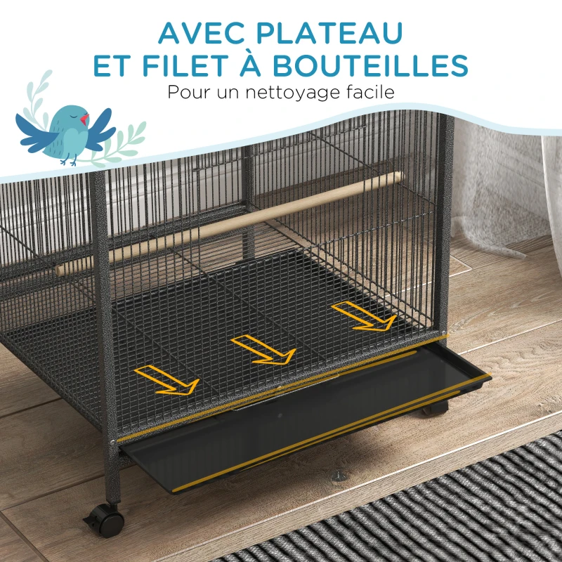 PawHut Cage oiseau sur pied cage sur roulettes avec balançoire, perchoirs et plateau coulissant 48 x 46 x 74 cm en acier noir