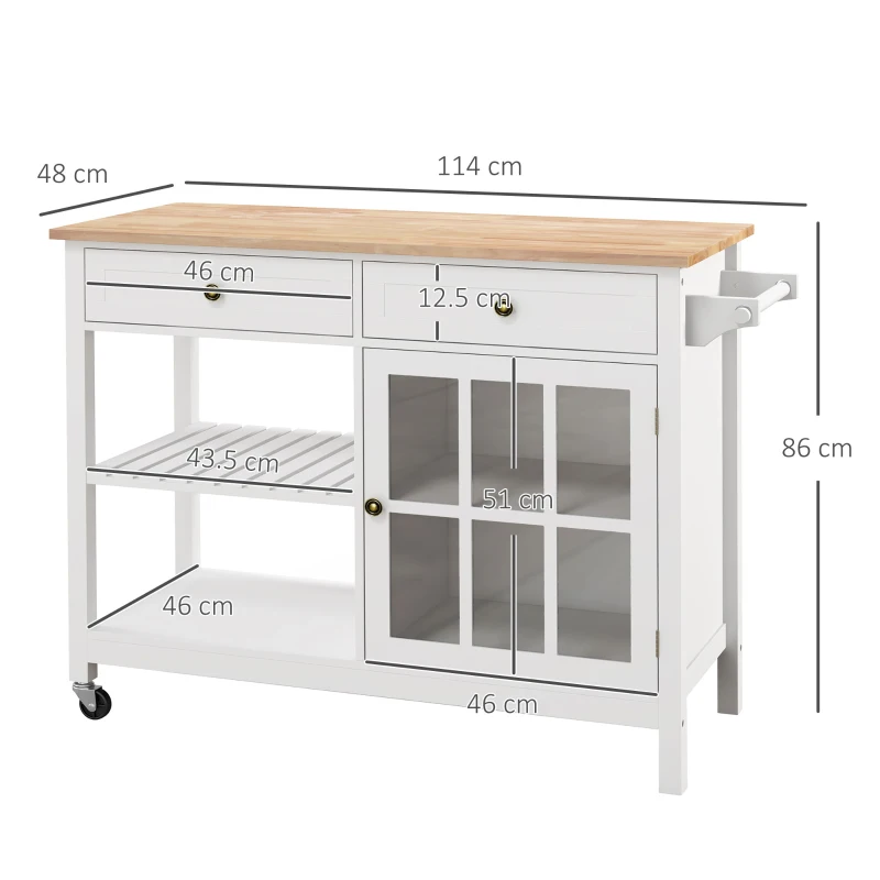HOMCOM Kitchen Island on Wheels, Kitchen Trolley Storage Cart with 2 Drawers, Cabinet, Towel Rack, Rubber Wood Top
