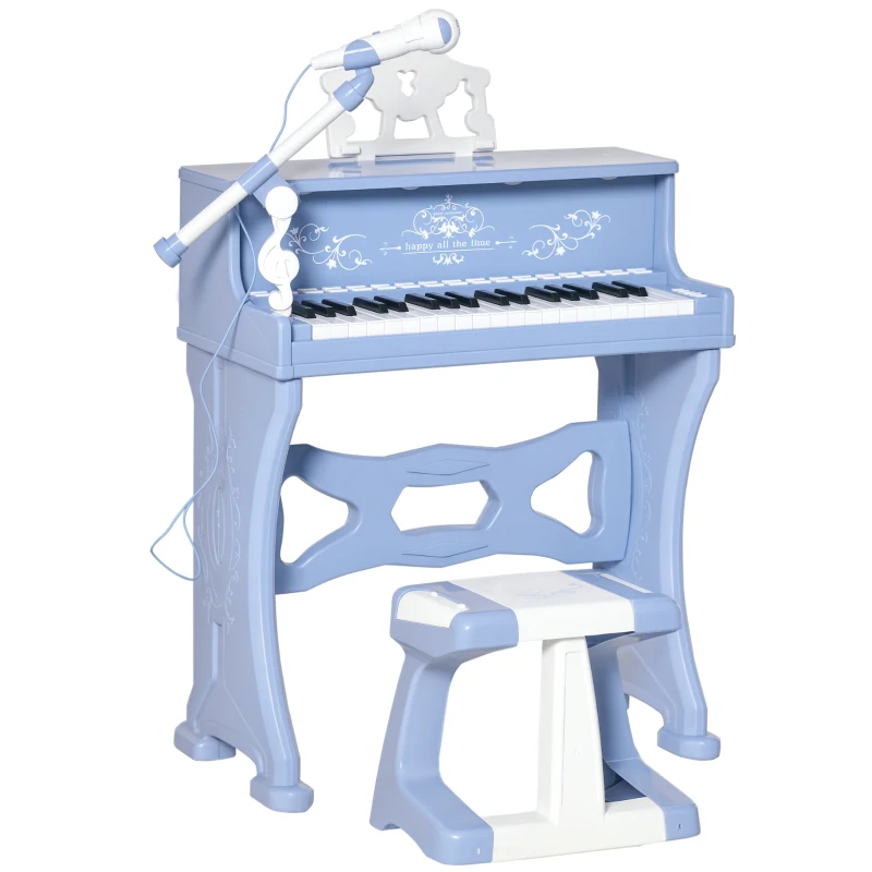 HOMCOM Kinder Klavier 37 Tasten Mini-Klavier Piano Keyboard mit Hocker und 22 Demo-Songs zum Abspielen aus ABS Musikinstrument MP3 USB inkl. Alter von 3-6 Jahren Weiß+Blau 48 x 39 x 69 cm