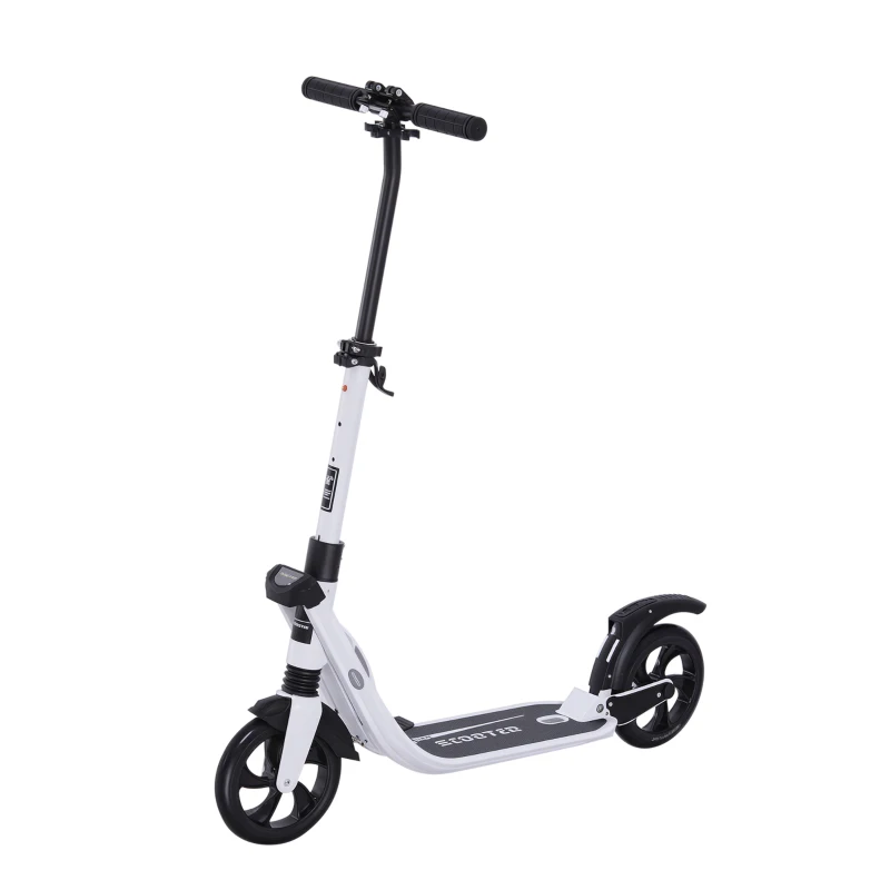 HOMCOM Folding Kick Scooter Hight-Adjustable Urban Scooter w/ Rear Brake, Double Shock Absorption System & 2 Big Wheels, For 14+ Teens Adult, White