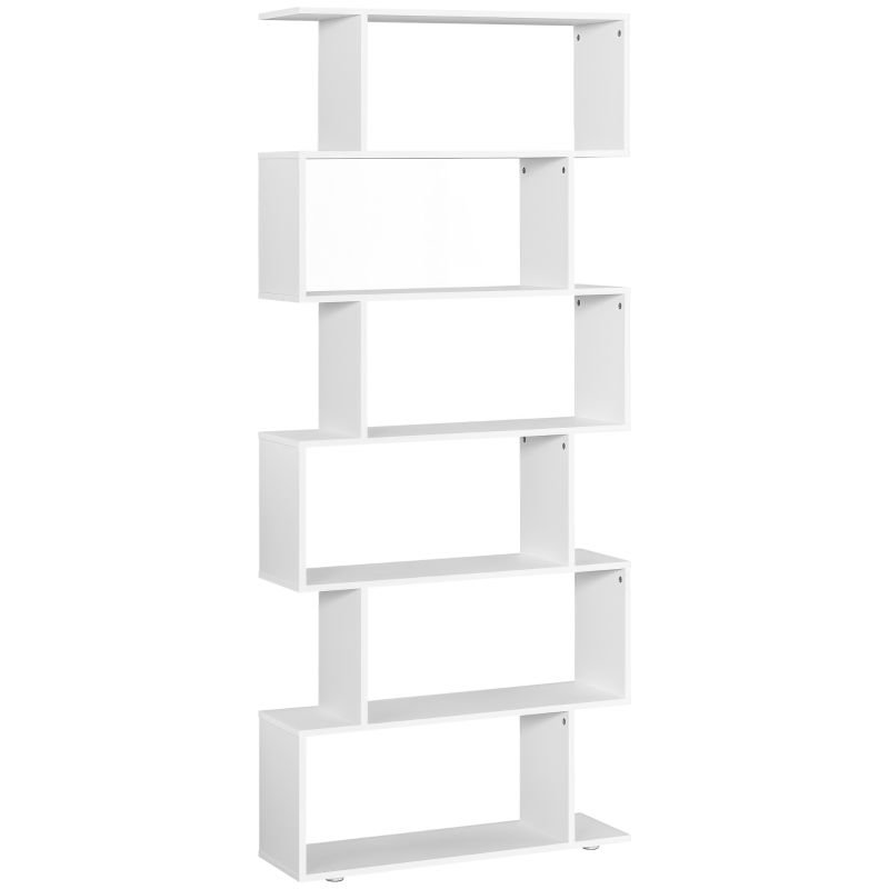 HOMCOM S Shape Wooden 6-tier Bookshelf Open Concept Bookcase Storage Display Unit for Home Office Living Room, White