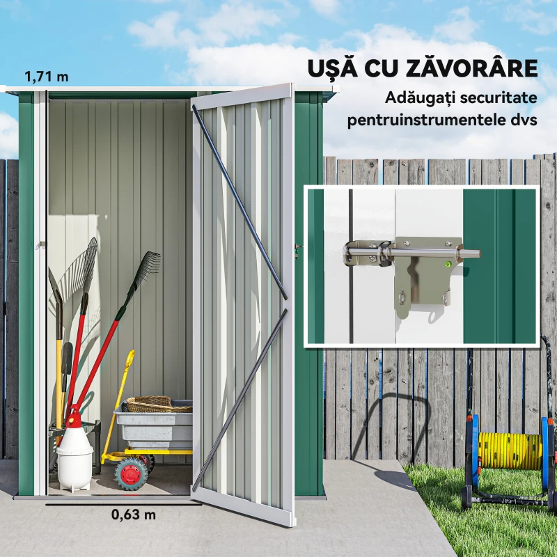 Outsunny Abrigo de Jardim 142x84x189cm Abrigo de Jardim de Aço Galvanizado com Porta Fechadura e Orifícios de Drenagem para Armazenamento de Ferramentas Verde