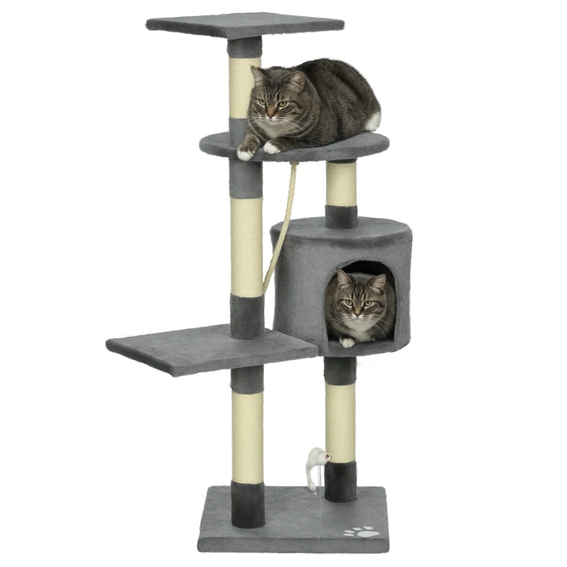 PawHut Arranhador para Gatos com 4 Níveis com Poste para Afiar as Garras Caverna Plataformas e Brinquedos 40x40x116 cm Cinzento Escuro