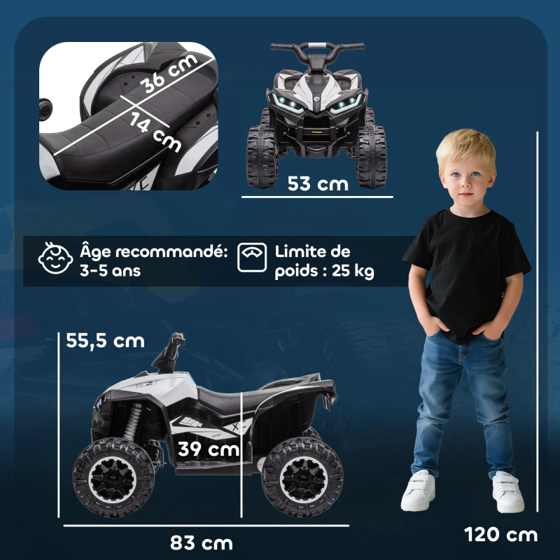 HOMCOM Quad buggy électrique enfant 12 V 6 Km/h max. effets lumineux selle pour enfant 3-5 ans métal PP noir blanc(m-3)
