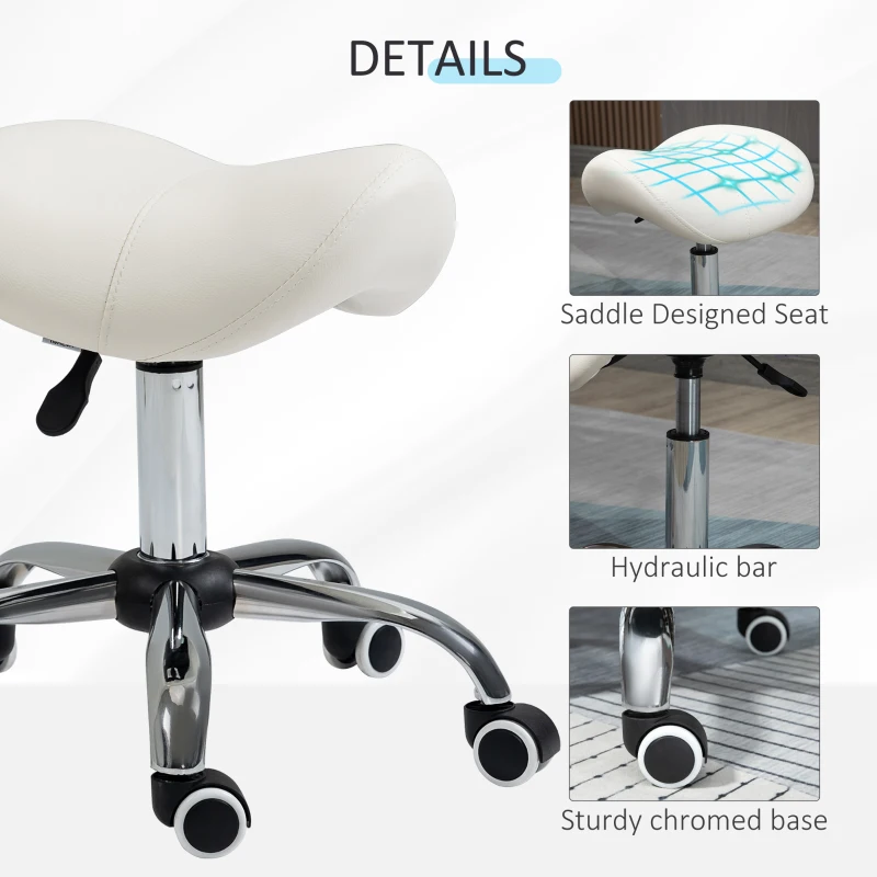 HOMCOM Height Adjustable Saddle Stool with Swivel Wheels, Faux Leather Salon Chair for Hairdressing, Beauty, Tattoo, White