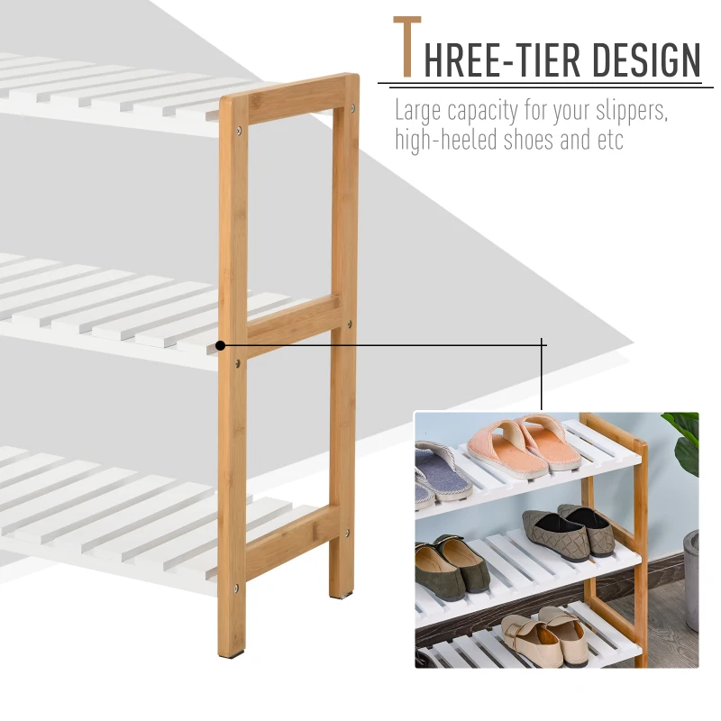 HOMCOM 3-Tier Shoe Rack, Narrow Shoe Shelf with Wood Frame and Slatted Shelves for Hallway, Entryway, 70L x 26W x 57.5H cm, Natural