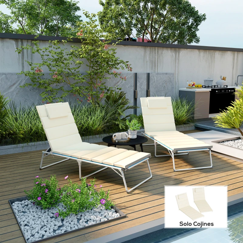 Outsunny Pack 2 Cojines para Tumbonas Plegables 203x66x3 cm con Reposacabezas y Correas de Sujeción Crema