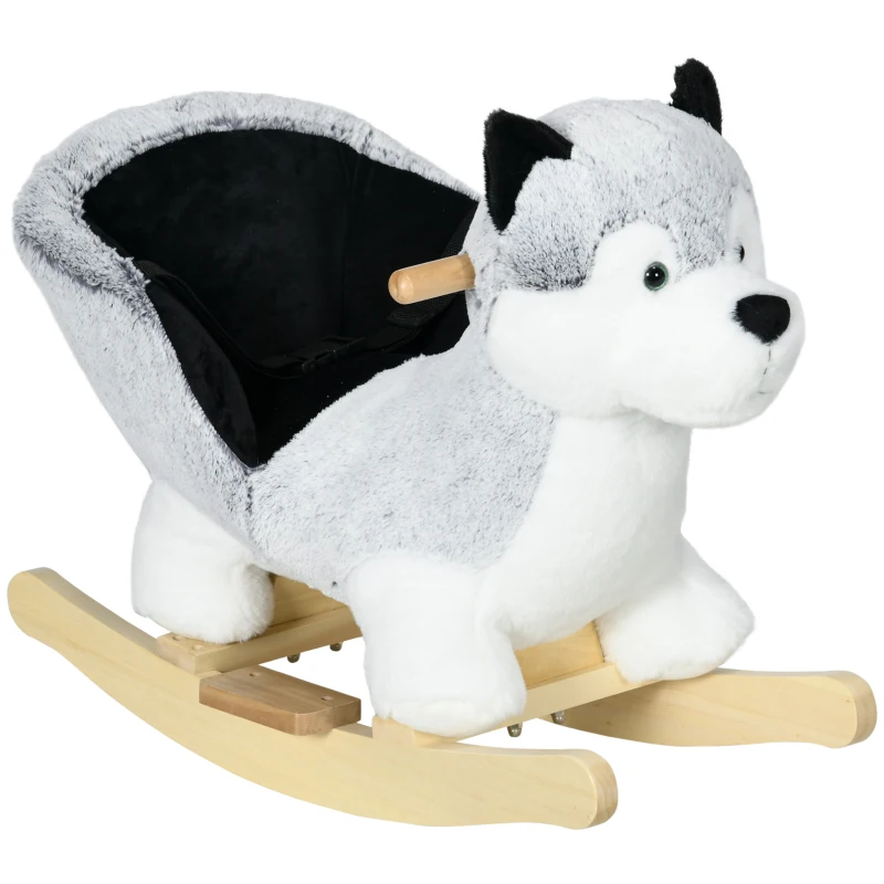 HOMCOM Baloiço com Forma de Cão Husky para Crianças com Sons Cinto de Segurança e Apoio para os Pés 60x33x50 cm Branco e Cinza