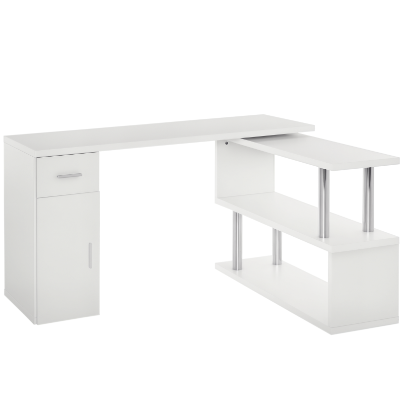 HOMCOM Scrivania Angolare Moderna in Legno con Cassetto, Armadietto e Mensole, Arredamento per Ufficio e Casa, Bianco