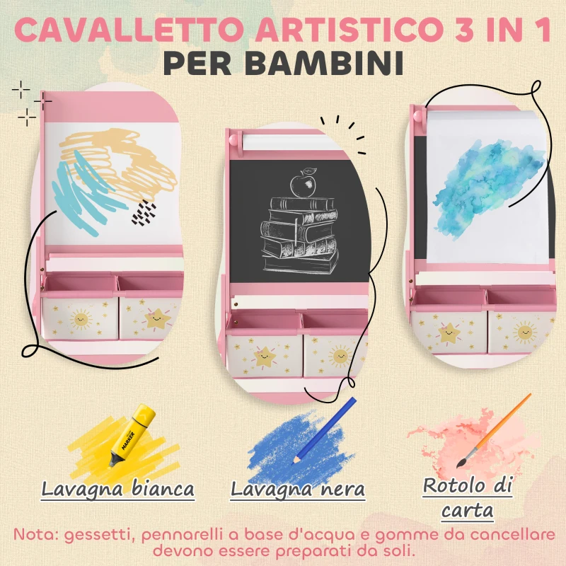 AIYAPLAY Lavagna per Bambini 3 in 1 con Cavalletto, Rotolo di Carta e 2 Cestelli, in Legno, 54x46x94 cm, Rosa