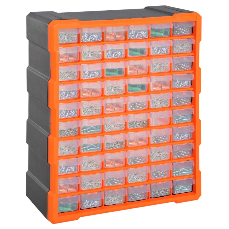 DURHAND 60 Drawers Parts Organiser Wall Mounted Storage Cabinet Garage for Small Nuts Bolts Tools Clear Orange