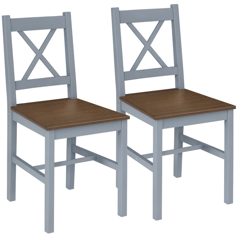 HOMCOM Dining Chairs Set of 2, Pine Wood Kitchen Chairs with Cross Back, Solid Structure for Living Room and Dining Room, Grey