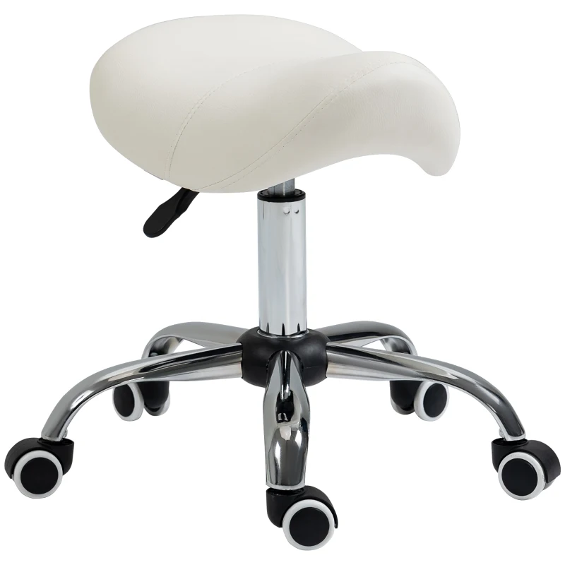 HOMCOM Height Adjustable Saddle Stool with Swivel Wheels, Faux Leather Salon Chair for Hairdressing, Beauty, Tattoo, White