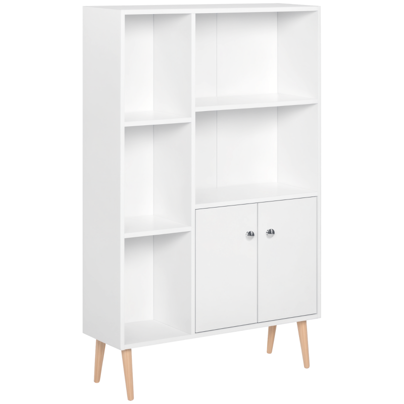 HOMCOM Sideboard Storage Cabinet Cupboard, Open Bookcase with 2 Doors 5 Compartments Wooden Modern Style for Living Room Bedroom Kitchen 80 x 23 x 123 cm, White