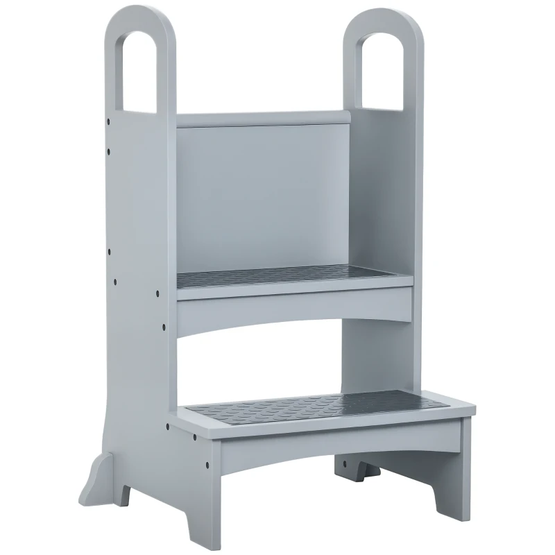 HOMCOM Lernturm Tritthocker für Küche Schemel Stehender für Küchentheke Küchenhelfer mit 2 Stufen mehr Sicherheit Grau für 3-8 Jahre Kiefer 45 x 40 x 80 cm