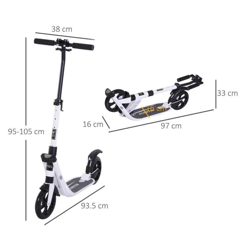 HOMCOM Folding Kick Scooter Height Adjustable w/ Rear Brake Double Shock Absorption System Wheels for Teens Adult White