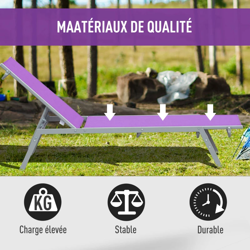 Outsunny Bain de Soleil transat - Chaise Longue - Design Contemporain - Dossier inclinable Multi-Positions - métal époxy textilène Mauve - dim. 170 x 58 x 97 cm