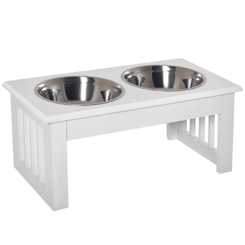PawHut Gamelles chiens surélevées gamelle double chien chat Porte-gamelles surélevé dim. 44L x 24l x 15H cm 2 gamelles 0,9L acier inox. incluses bois blanc