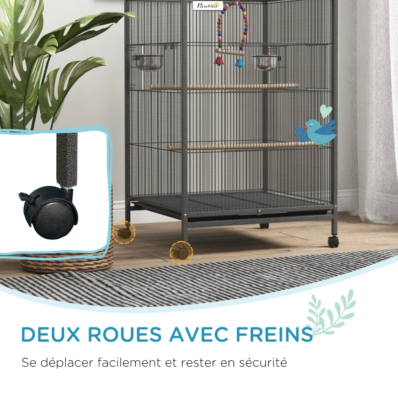 PawHut Cage oiseau sur pied cage sur roulettes avec balançoire, perchoirs et plateau coulissant 48 x 46 x 74 cm en acier noir