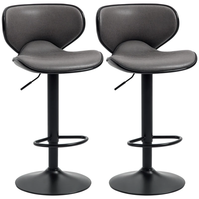 HOMCOM Kitchen Stools Set of 2 Leather Upholstered 61-81cm Adjustable Height Counter Bar Stools with Back, Dark Grey