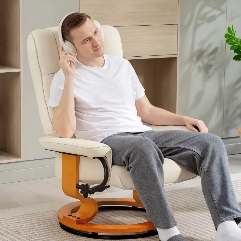 HOMCOM Fauteuil de relaxation inclinable avec repose-pied, pivotant, cadre en bois , revêtement synthétique crème(m-9)
