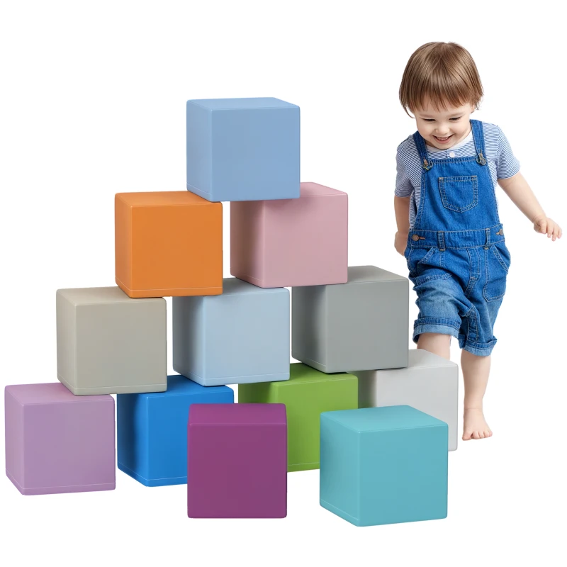 HOMCOM Set 12 Cuburi de Jucărie Moi pentru Copii 12-36 Luni, 20x20x20 cm, Multicolor Închis