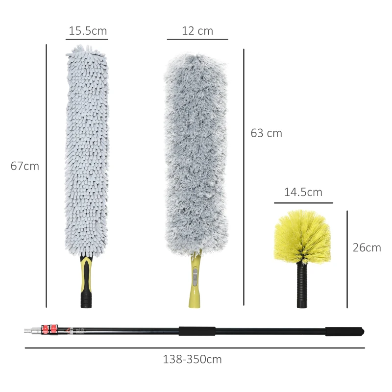 HOMCOM 4 Pieces Extendable Feather Duster with 54" -138" Aluminium Telescopic Pole for Cleaning High Ceiling Fans, Blinds, Cobweb, Duster Cleaning Kit with Bendable Head