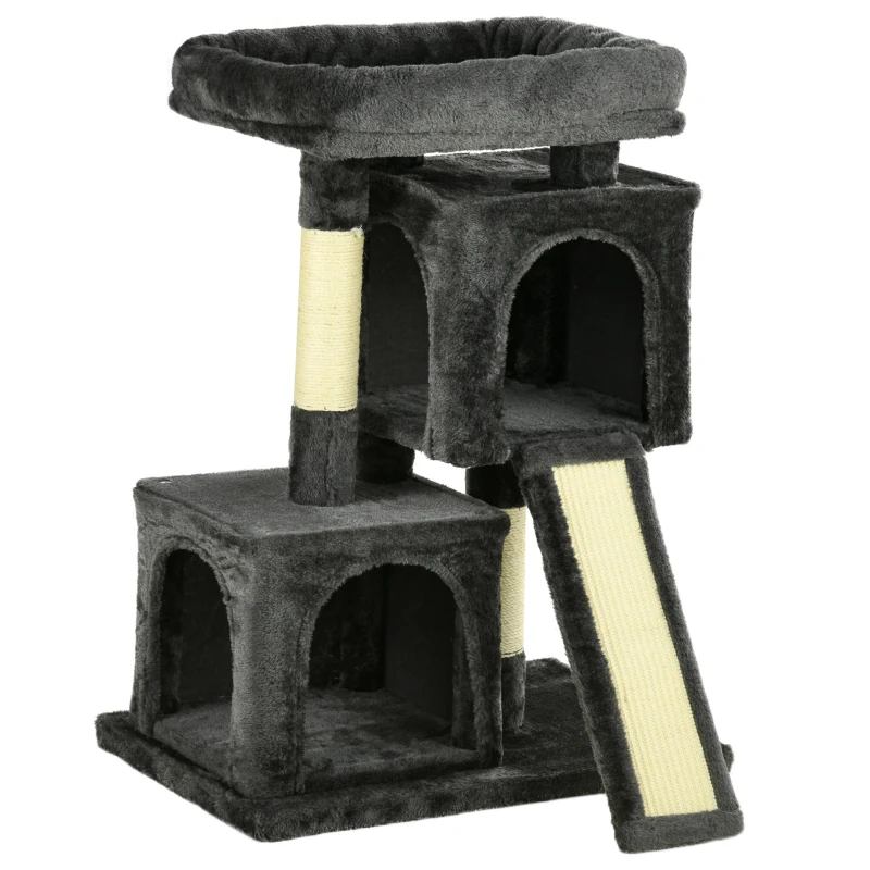 PawHut Árbol Múltiples Actividades para Gatos Centro de Juegos para Mascotas con Postes y Tablero Rascador Cuevas Cama con Borde Elevado Tacto Suave 59x39x83 cm Gris Oscuro