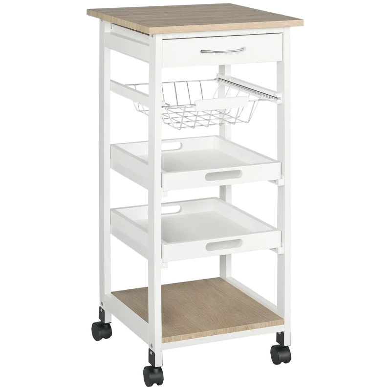 HOMCOM Chariot de service desserte de cuisine à roulettes panier + 2 plateaux amovibles, tiroir, étagère MDF chêne clair bois pin blanc