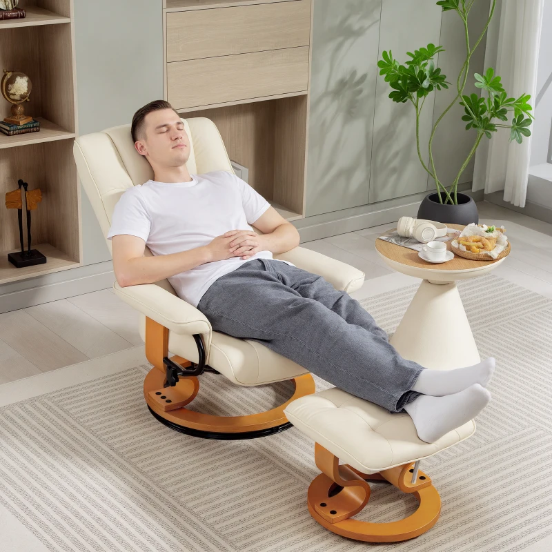 HOMCOM Fauteuil de relaxation inclinable avec repose-pied, pivotant, cadre en bois , revêtement synthétique crème(m-10)